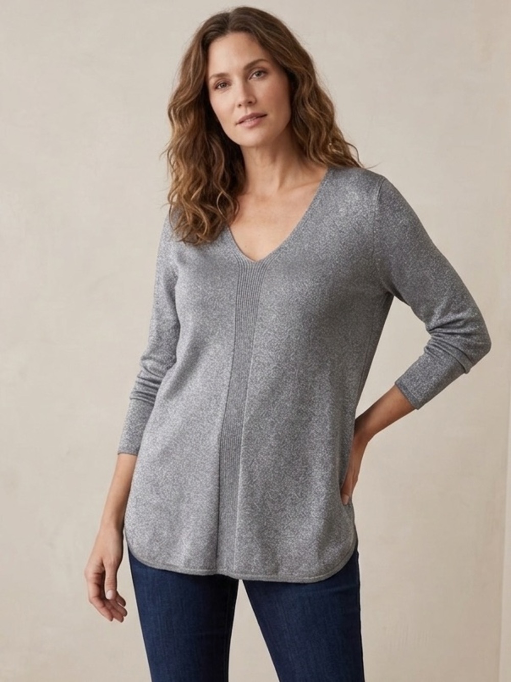 NYDJ Sparkle V-Neck Long Sleeve Top - Silver Size XL